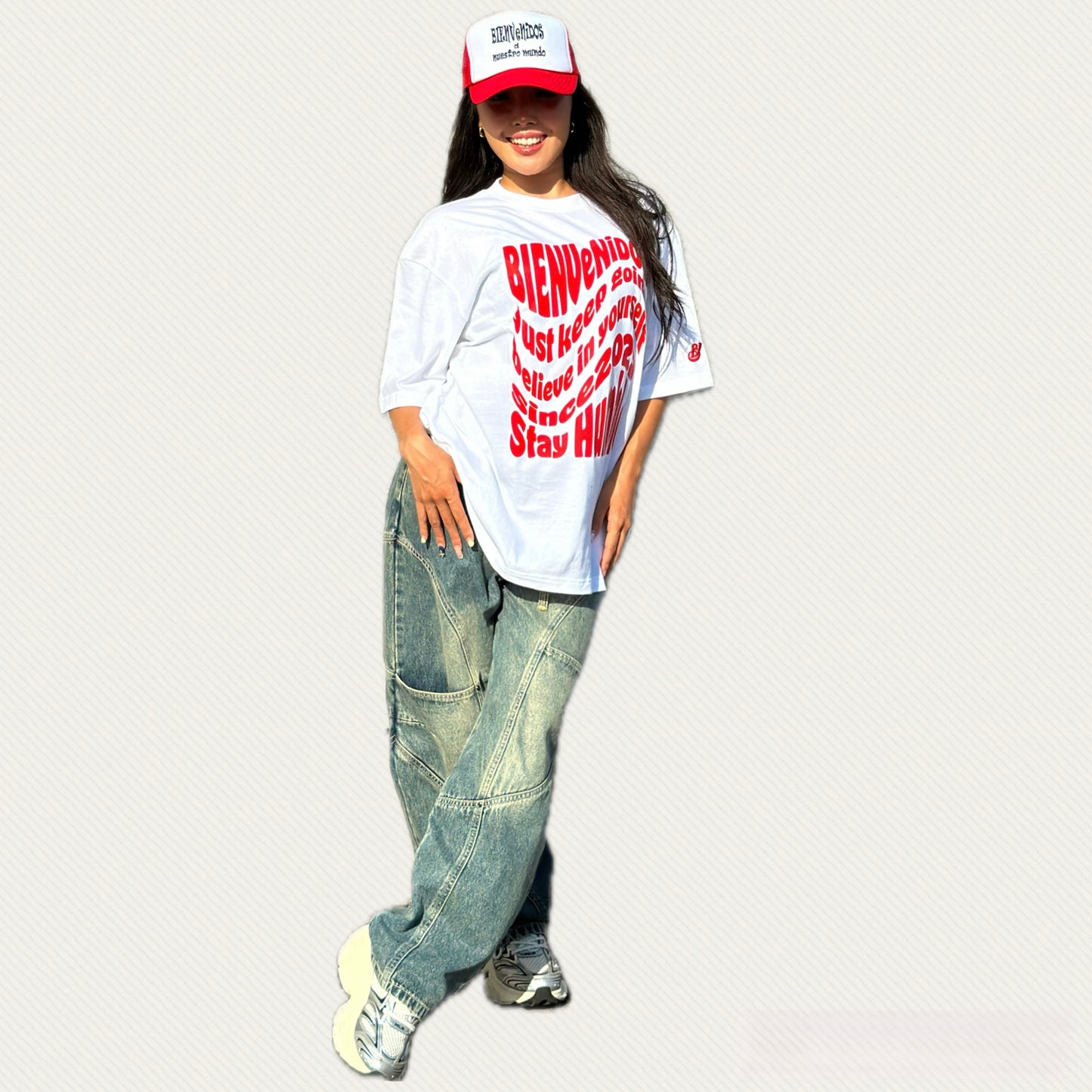 BVビックシルエット半袖Tシャツ ホワイト X レッド OLA