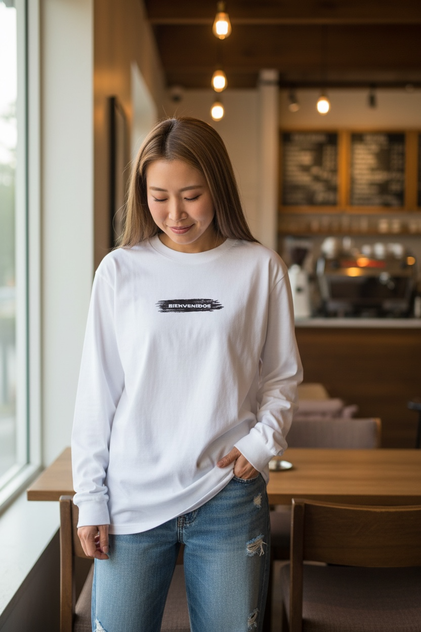 BVノーマルフィット長袖Tシャツ　ホワイト　DEBIL